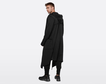 Cape noire avec capuche, cardigan long pour hommes, sweat à capuche surdimensionné, cape pour homme cosplay, manteau long, cape à capuche, vêtements futuristes mdnt45, A0516