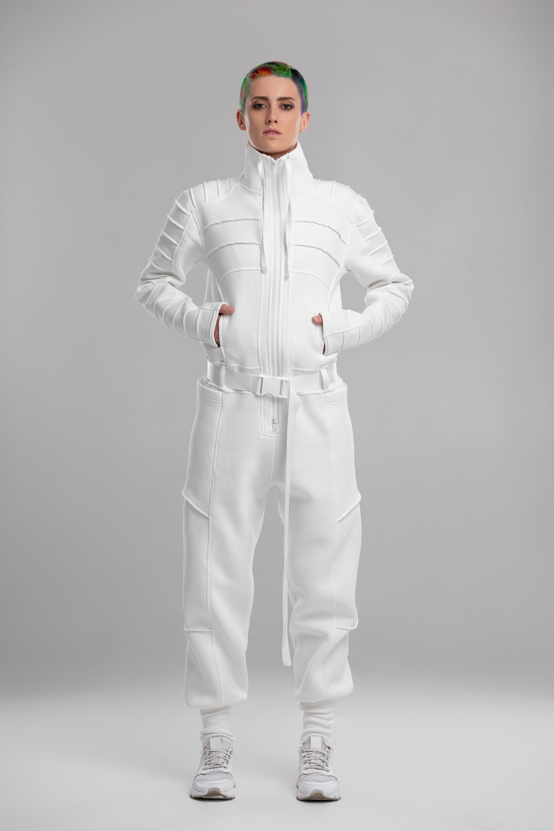Futuristic white jumpsuit turtleneck overalls women scifi Etsy