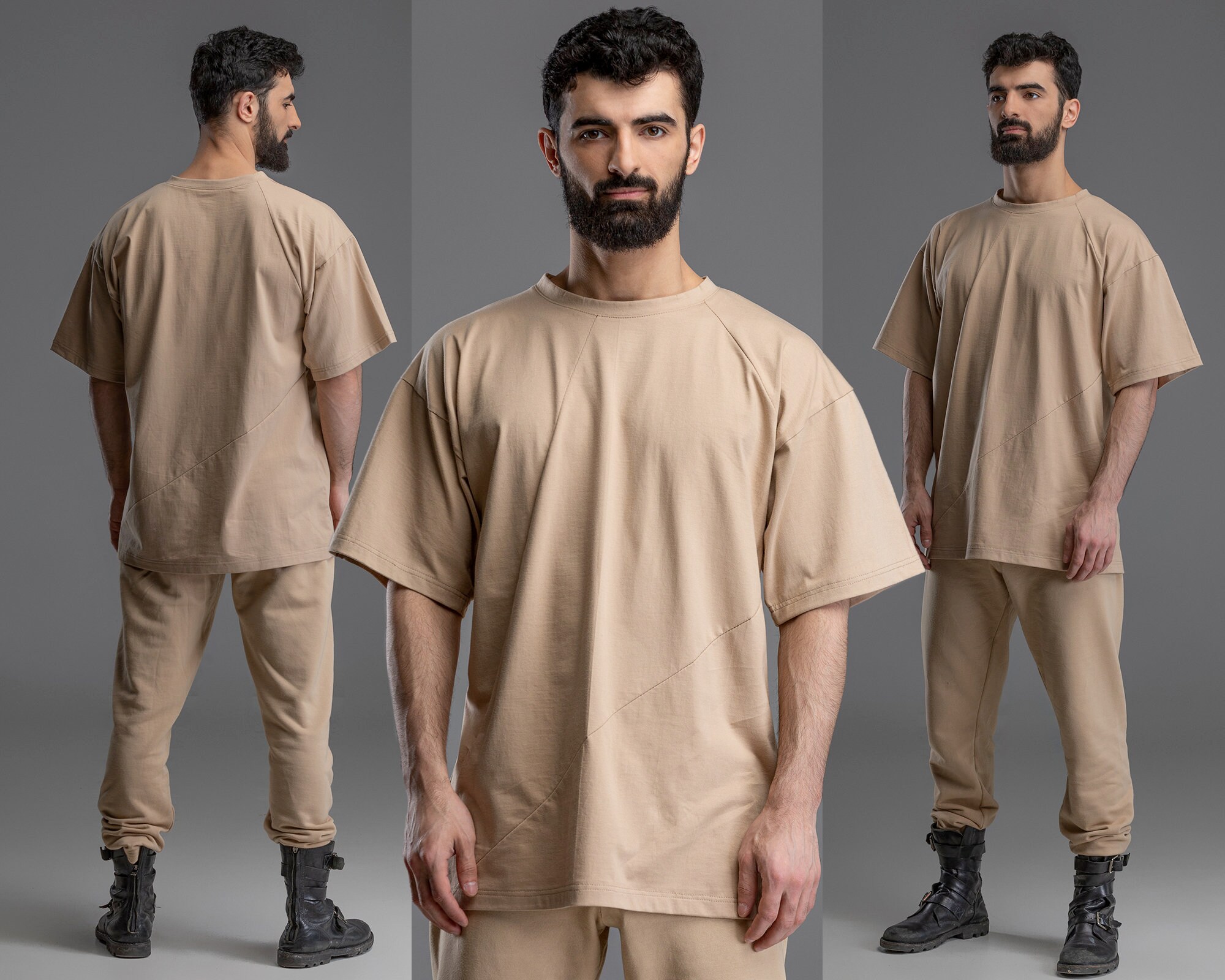 beige t shirt outfit mens