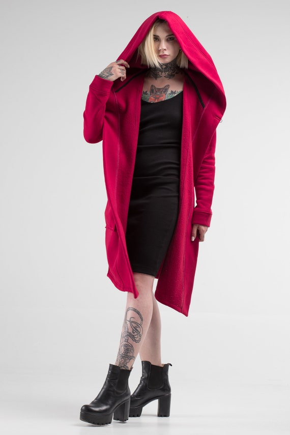 Red Hooded Cloak Oversized Hoodie Cosplay Cape Winter Coat Long