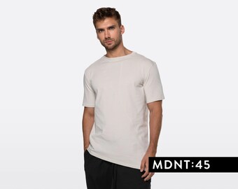 Beige futuristic tshirt men, minimalist summer tshirt, blank asymmetrical top, oversized cotton tee, handmade clothing, mdnt45, B0512