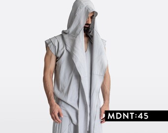 Grey Sleeveless Hoodie, Mens Linen T-shirt, Futuristic Clothing Men, Oversized Festival Tee  A0276