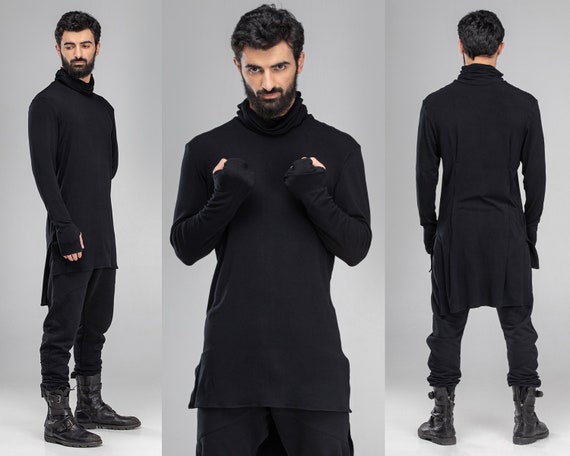 Black turtleneck sweater men asymmetric jumper gothic | Etsy