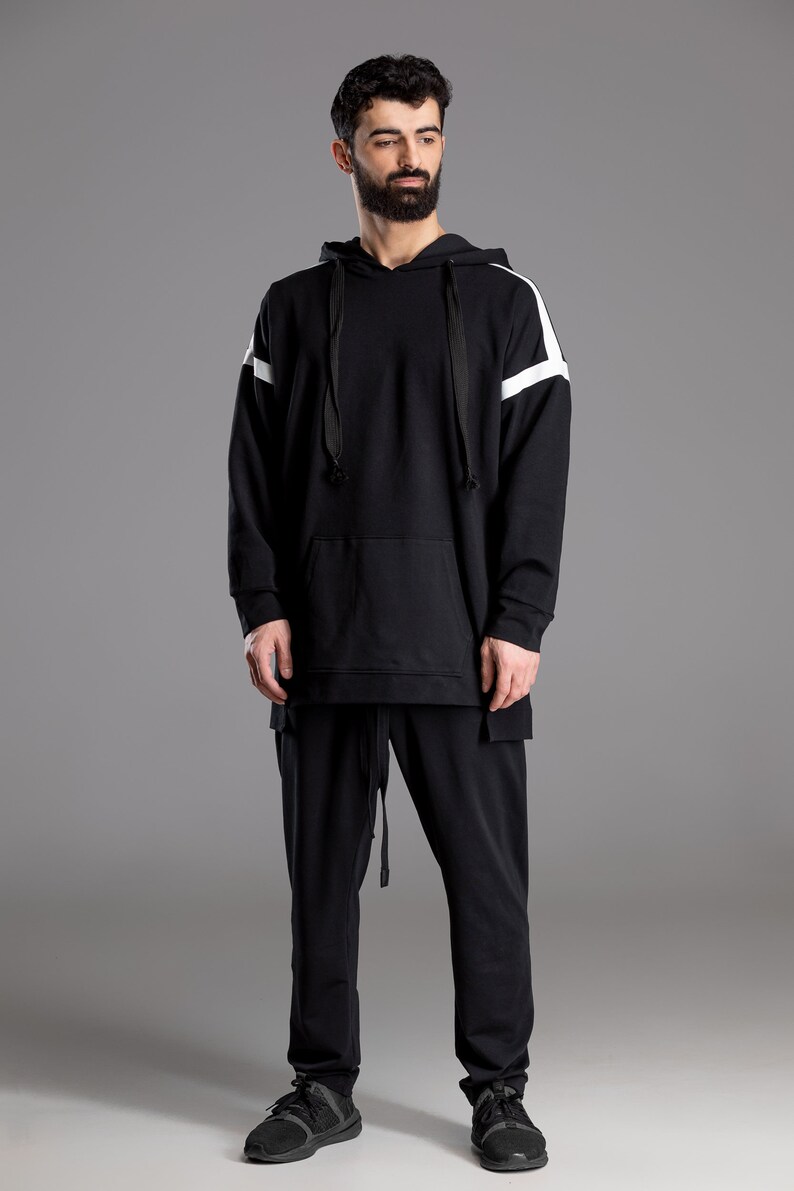 Black Casual Hooded Pullover Cotton Men's Longsleeve Etsy