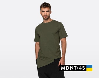 Green streetwear shirt, handmade tshirt men, minimalist blank cotton shirt, khaki asymmetrical top, futuristic clothing, mdnt45, A0413