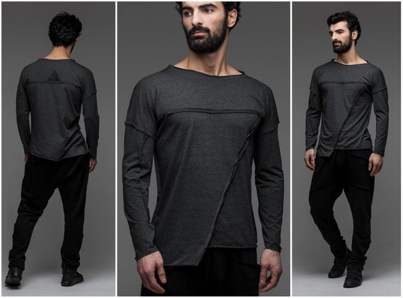 Cavalier futuriste gris pour homme, Sweat asymétrique, cyber goth vêtements, pull triangle, streetwear apocalyptique, chemise à manches longues A0098 Cavalier futuriste gris pour homme, Sweat asymétrique, cyber goth vêtements, pull triangle, streetwear apocalyptique, chemise à manches longues A0098