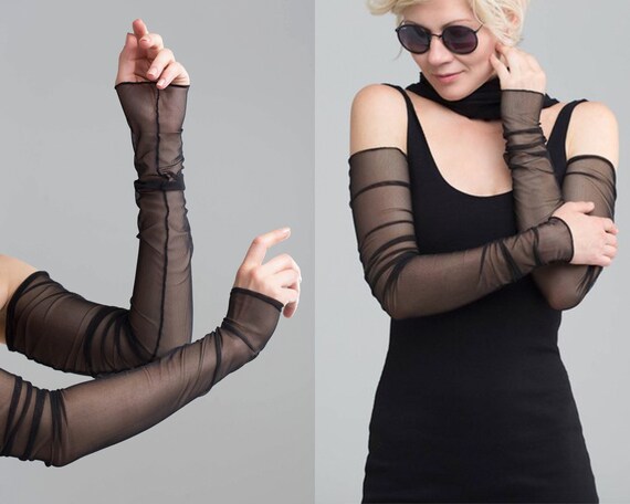 long sheer black fingerless gloves