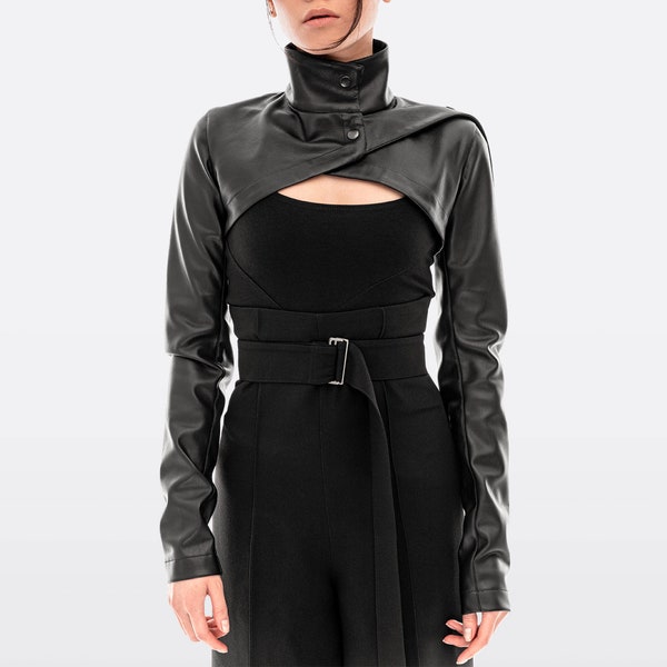 Veste boléro en cuir écologique pour femme, haussement d'épaules en similicuir noir, haussement d'épaules à manches longues et col haut, veste en cuir végétalien, mdnt45, A0381