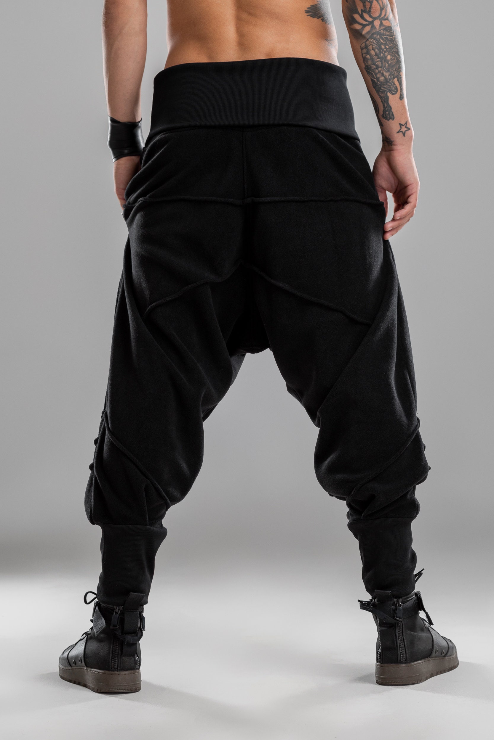 Black Mens Harem Pants Drop Crotch 