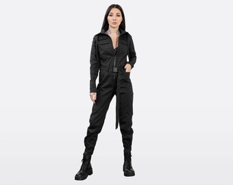 Techwear womens jumpsuit, futuristic costume, cosplay black flight suit, sci fi coveralls, cyberpunk clothing mdnt45, A0364