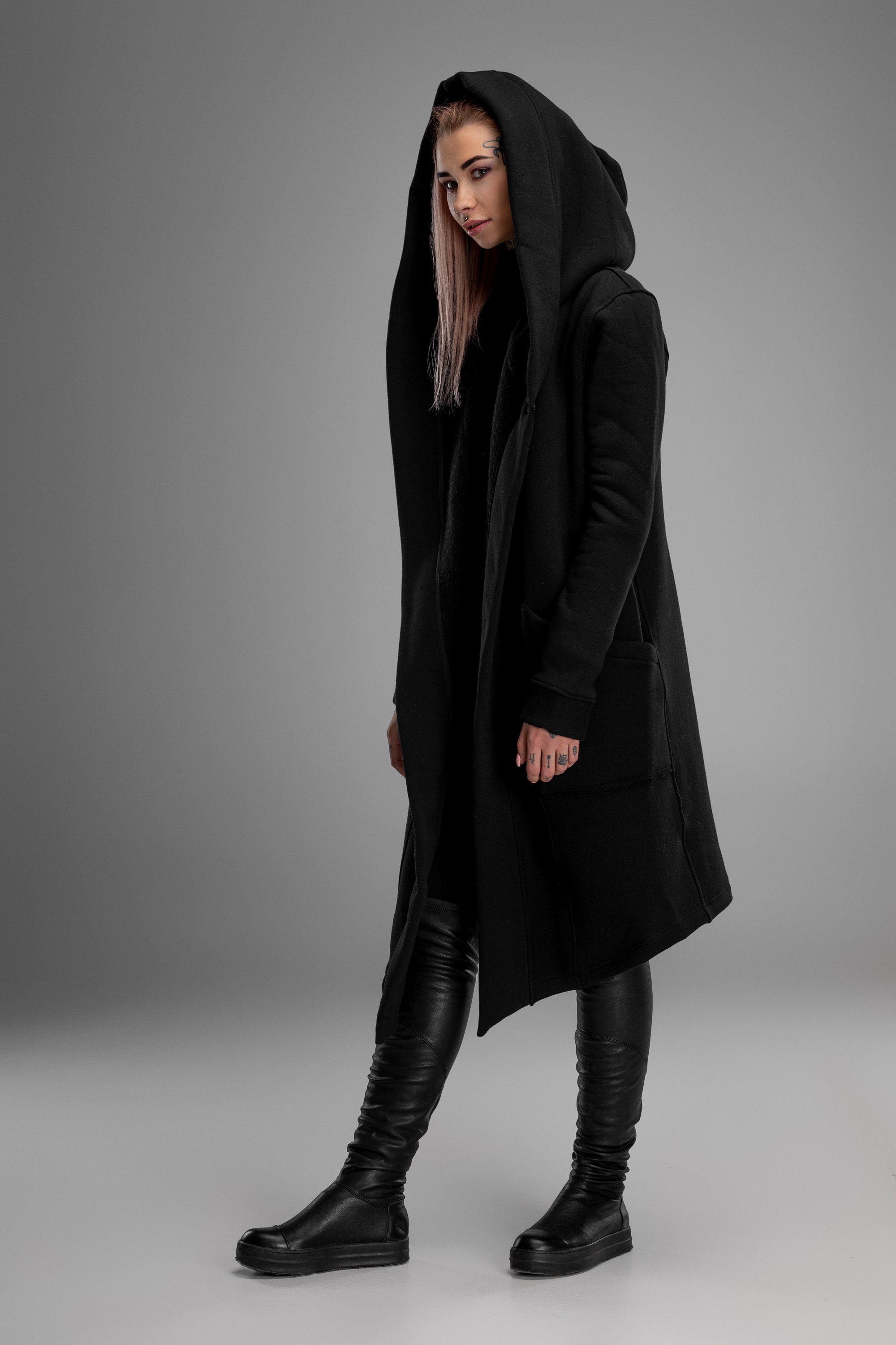 Damen Zweifarbiger Oversize Cardigan - Langer Gestrickter Hoodie main image 1
