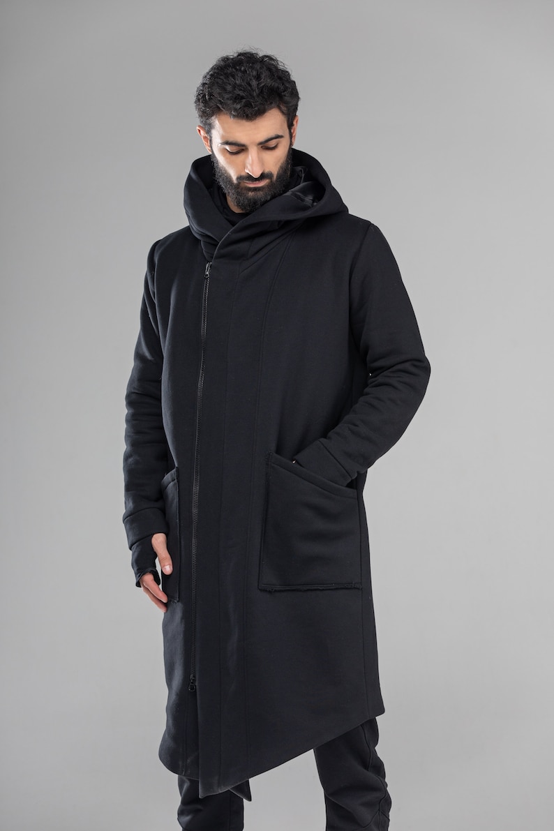 Black trench coat men hooded parka jersey fleece long coat | Etsy