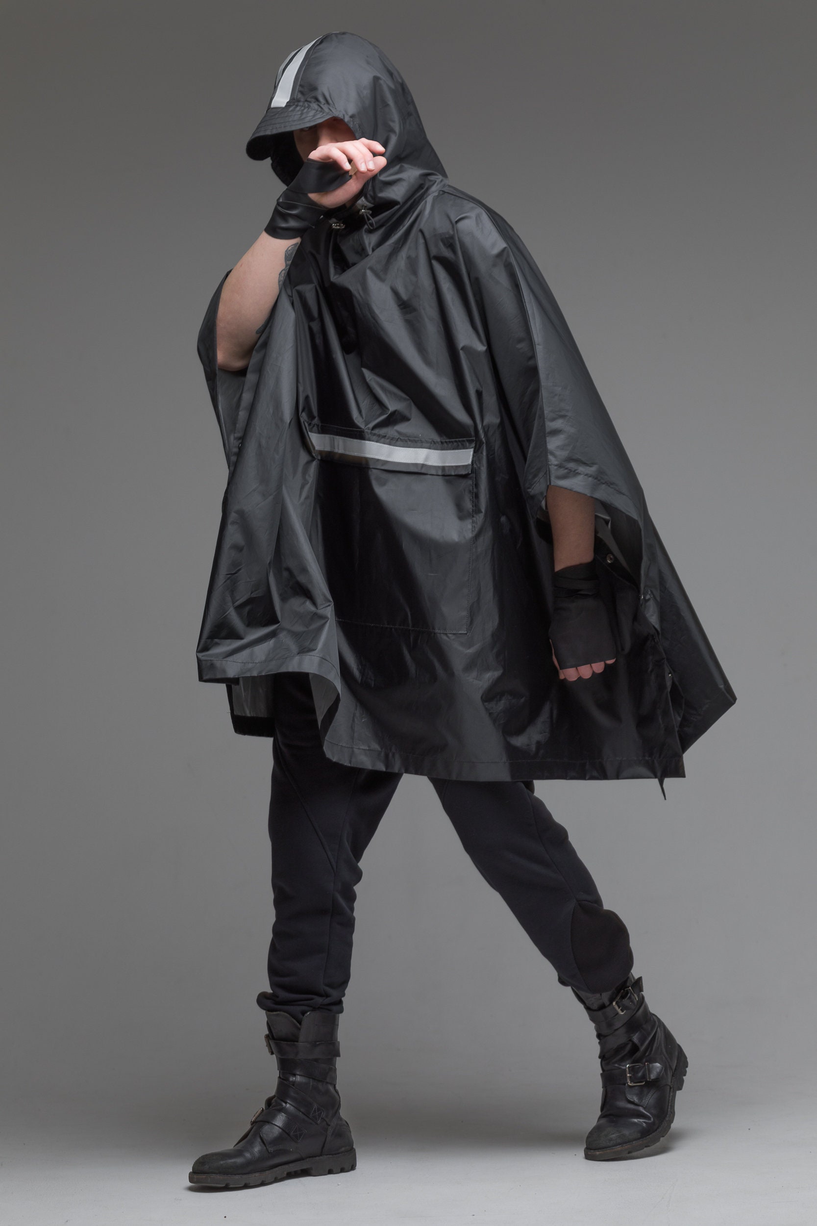 Hooded Men Black Rain Slicker Poncho Cape - Etsy