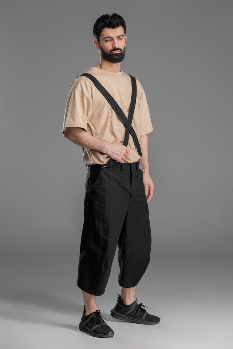 Black linen men shorts with suspenders loose summer bermuda | Etsy