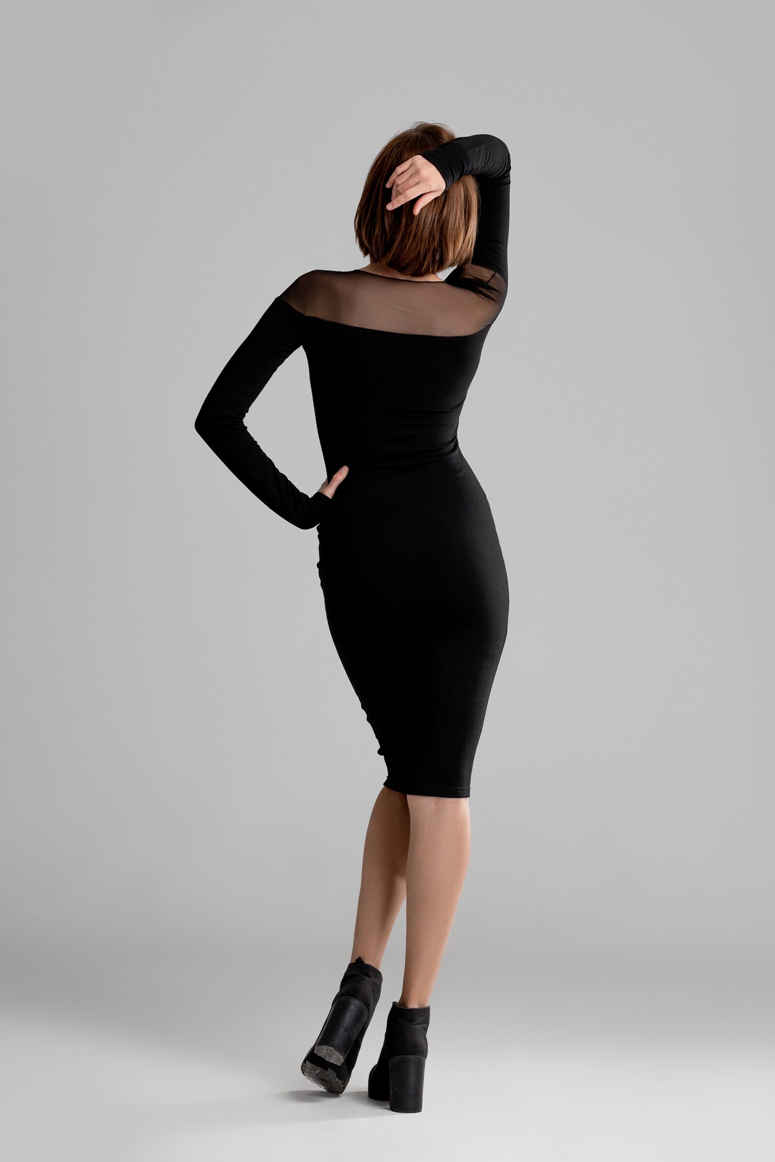 Midi Cocktail Dress Black Pencil Sexy Dress Long Sleeves Etsy