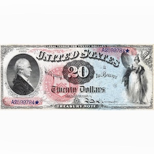 May include: A vintage United States Treasury Note with a portrait of a man in a black coat and a white collar. The note is blue and pink with the text "United States" and "Twenty Dollars" printed in black. The serial number "A2599784" is printed in blue.
