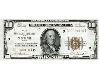 Réplica de billete de 100 de la Reserva Federal de 1929 (sello marrón raro)