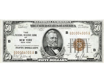 Réplica de billete de 50 dólares de la Reserva Federal de 1929 (sello marrón raro)