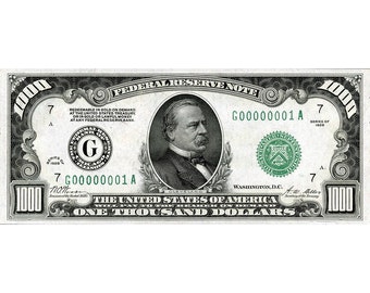 Replica 1000 Dollar Note 1928 &quot;Green Back&quot; Bank Note Copy