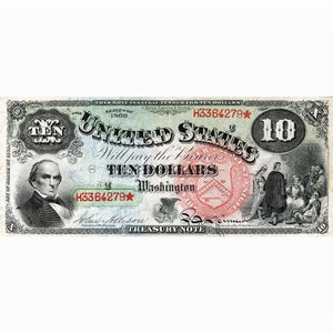 May include: A vintage United States Treasury Note with a portrait of Abraham Lincoln and the text "United States Treasury Note" and "Ten Dollars". The note is dated 1869 and has the serial number H3364279.