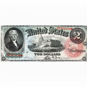 Op de afbeelding: Een vintage twee dollar United States Treasury Note met een portret van Andrew Jackson. De brief heeft de tekst "United States" en "Will pay to bearer" in cursief schrift. De brief is gedateerd 1862 en heeft het serienummer E5152488.