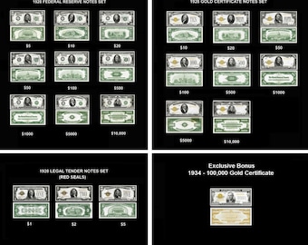 ALL Replica 1928 Bank Note SETS Federal, Legal Tender & Gold Certificates +Bonus