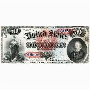 May include: A vintage United States Treasury Note with a face value of fifty dollars. The note features a portrait of a man in a suit and a woman holding a torch. The note is dated 1869 and has a serial number of Y13549.