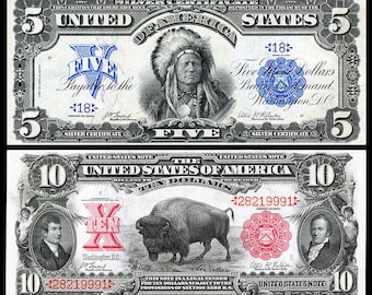 Replica Pair 5 1886 Lincoln &quot;Indian Chief&quot; & 1901 &quot;Buffalo&quot; Bank Note Copy