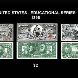 May include: A set of three United States Educational Series banknotes from 1896. The banknotes are in denominations of $1, $2, and $5. The $1 banknote features a portrait of Benjamin Franklin, the $2 banknote features a portrait of Thomas Jefferson, and the $5 banknote features a portrait of Abraham Lincoln.