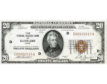 Réplica 1929 - 20 dólares Reserva Federal (Sello Marrón Raro) Copia de la Nota Bancaria