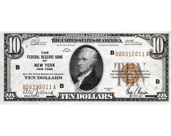 Replica 1929 - 10 Dollar Federal Reserve (Rare Brown Seal) Bank Note Copy