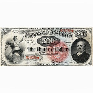 Puede incluir: Un billete de banco vintage del Tesoro de los Estados Unidos con un valor nominal de $ 500. El billete presenta un retrato de un hombre con traje y una mujer sosteniendo una balanza y una espada. El billete está fechado en 1863 y tiene el número de serie N16035.