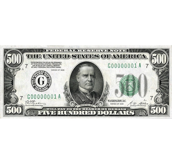 Replica First 500 Dollar Note 1928 Green Back Bank Etsy