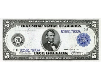 AMAZING Replica 1914 - 5 (Blue Seal) Federal Reserve Bank Note Copy