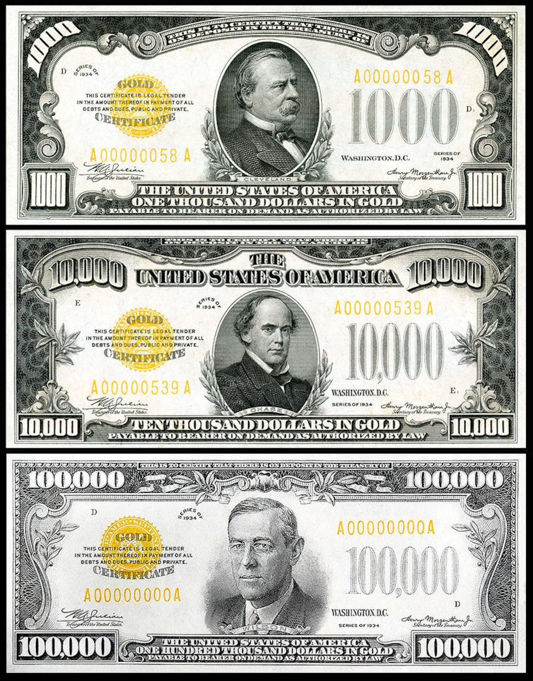 AMAZING Replica 1000, 10,000, 100,000 Gold Certificates 1934 Bank Note ...