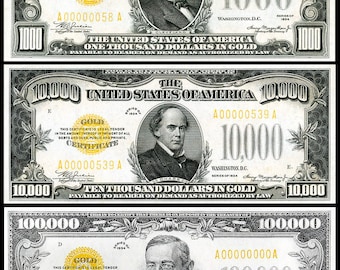 Replica increíble 1000, 10,000, 100,000 certificados de oro 1934 Copia de billetes bancarios