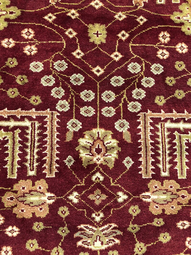 Red, Gold,Green 6/' x 4/'0 Indian Wool Rug, Persian Rug Hand-Knotted Overall Design 180cm x 120cm