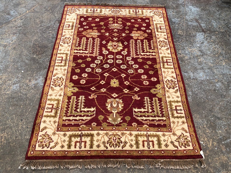Red, Gold,Green 6/' x 4/'0 Indian Wool Rug, Persian Rug Hand-Knotted Overall Design 180cm x 120cm