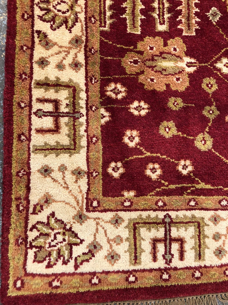 Red, Gold,Green 6/' x 4/'0 Indian Wool Rug, Persian Rug Hand-Knotted Overall Design 180cm x 120cm