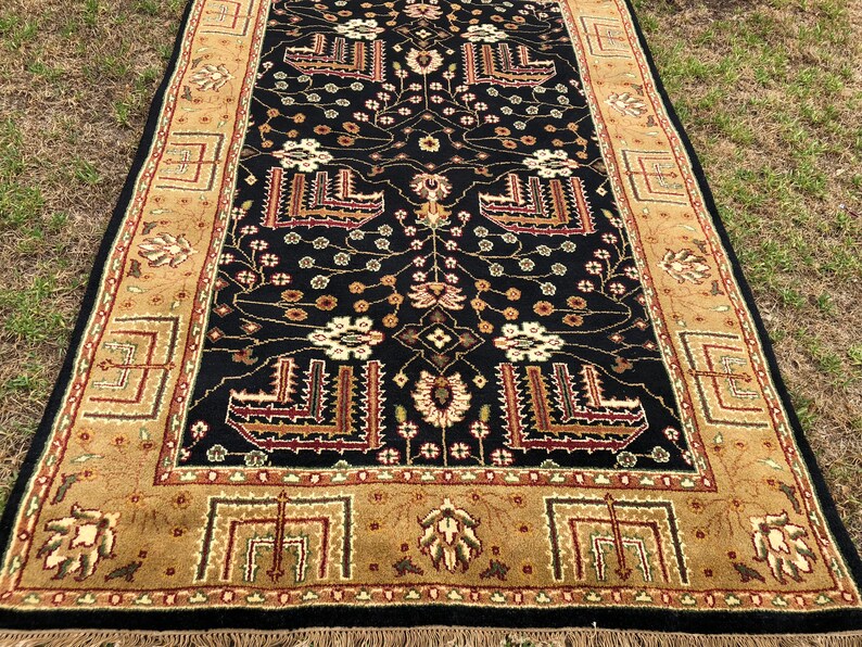 Persian Rug Hand Knotted Overall Design Indian Made Black Image 0