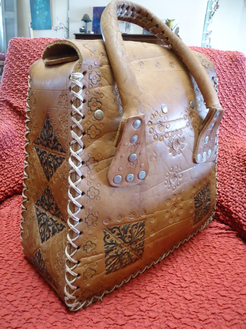 Vintage hand tooled leather bag egyptian leather handmade Etsy