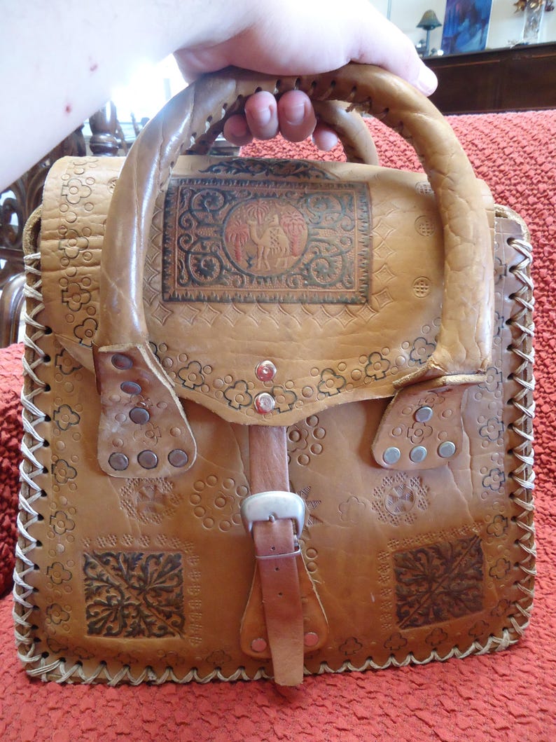 Vintage hand tooled leather bag egyptian leather handmade Etsy