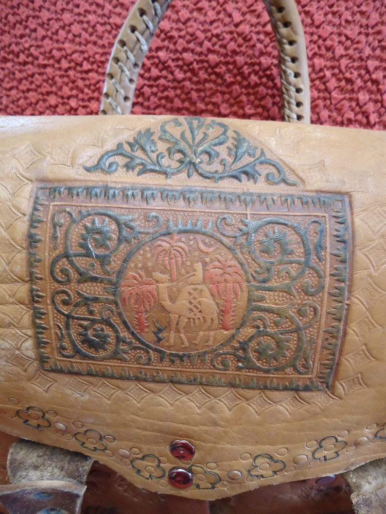 Vintage hand tooled leather bag egyptian leather handmade Etsy