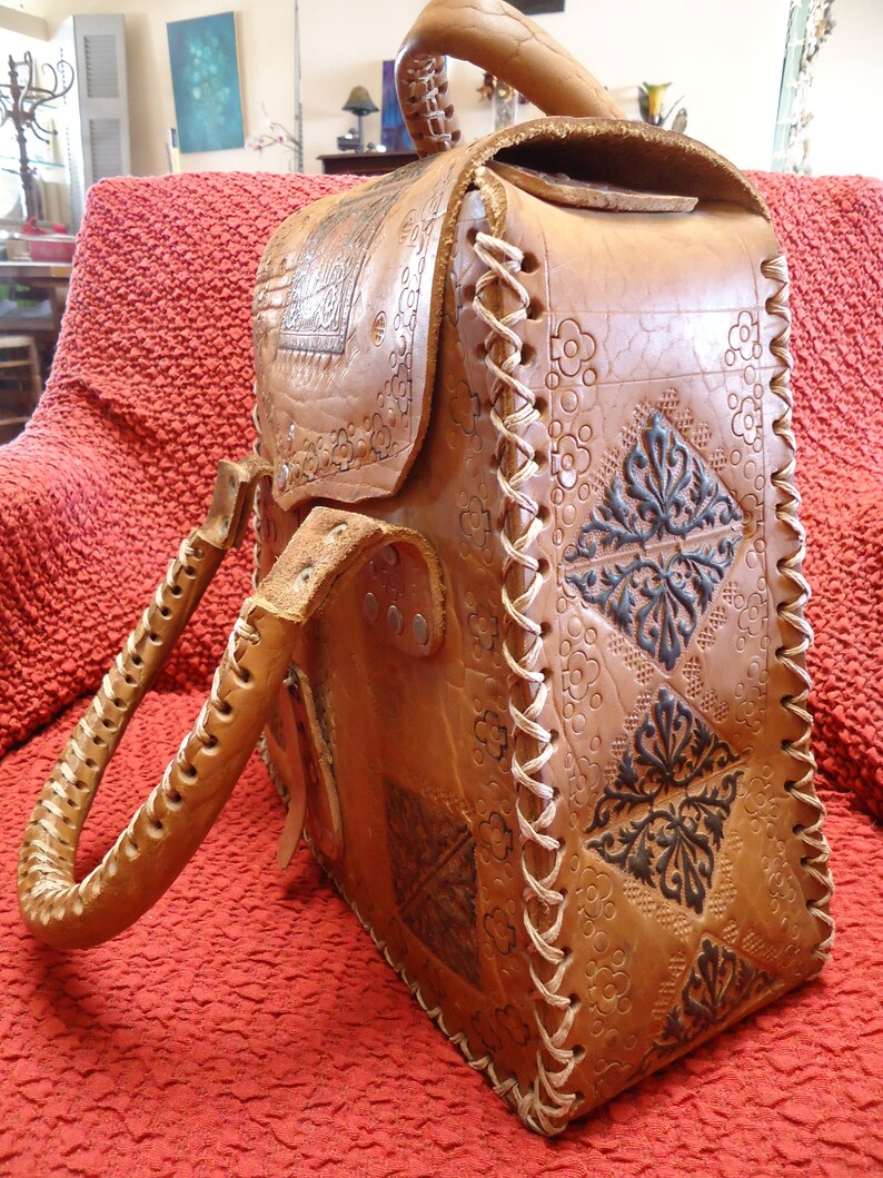 Vintage hand tooled leather bag egyptian leather handmade Etsy