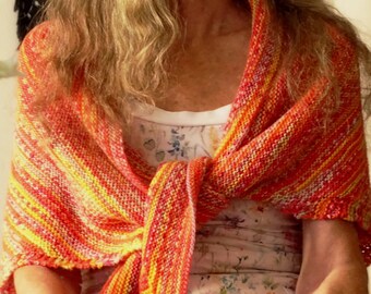 Pink orange triangular shawl - hand knitted in soft wool, elegant shoulder wrap in minimalist style, warm and cozy ladies fashion gift idea