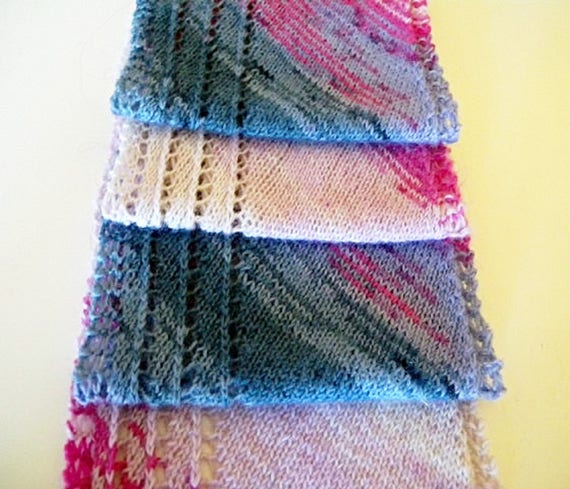 Scarf Knitting Pattern Easy Lace And Stockinette Stitch For Colorful Sock Yarns Or Hand Painted Wool Diagonal Knit Scarf With Lace Border