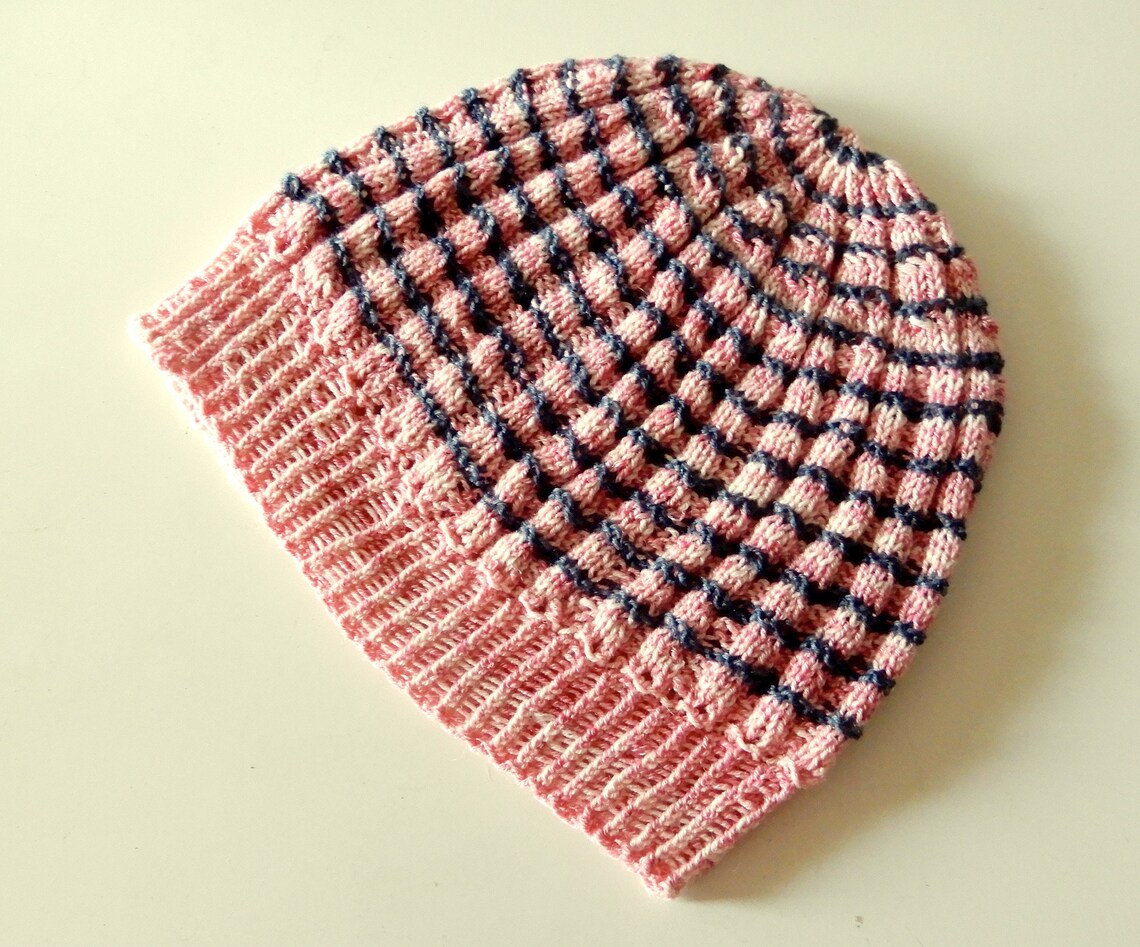 Pink knit hat for women a slouchy beanie with black stripes Etsy