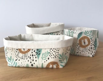 Baby storage basket in fabric with a little lion design, diaper storage basket, fabric basket, baby basket
