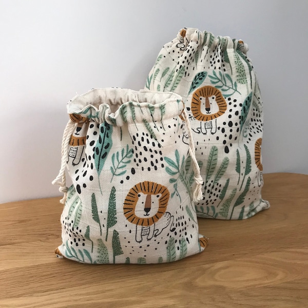 sac de rangement en gaze de coton, motif petit lion, sac pour doudou