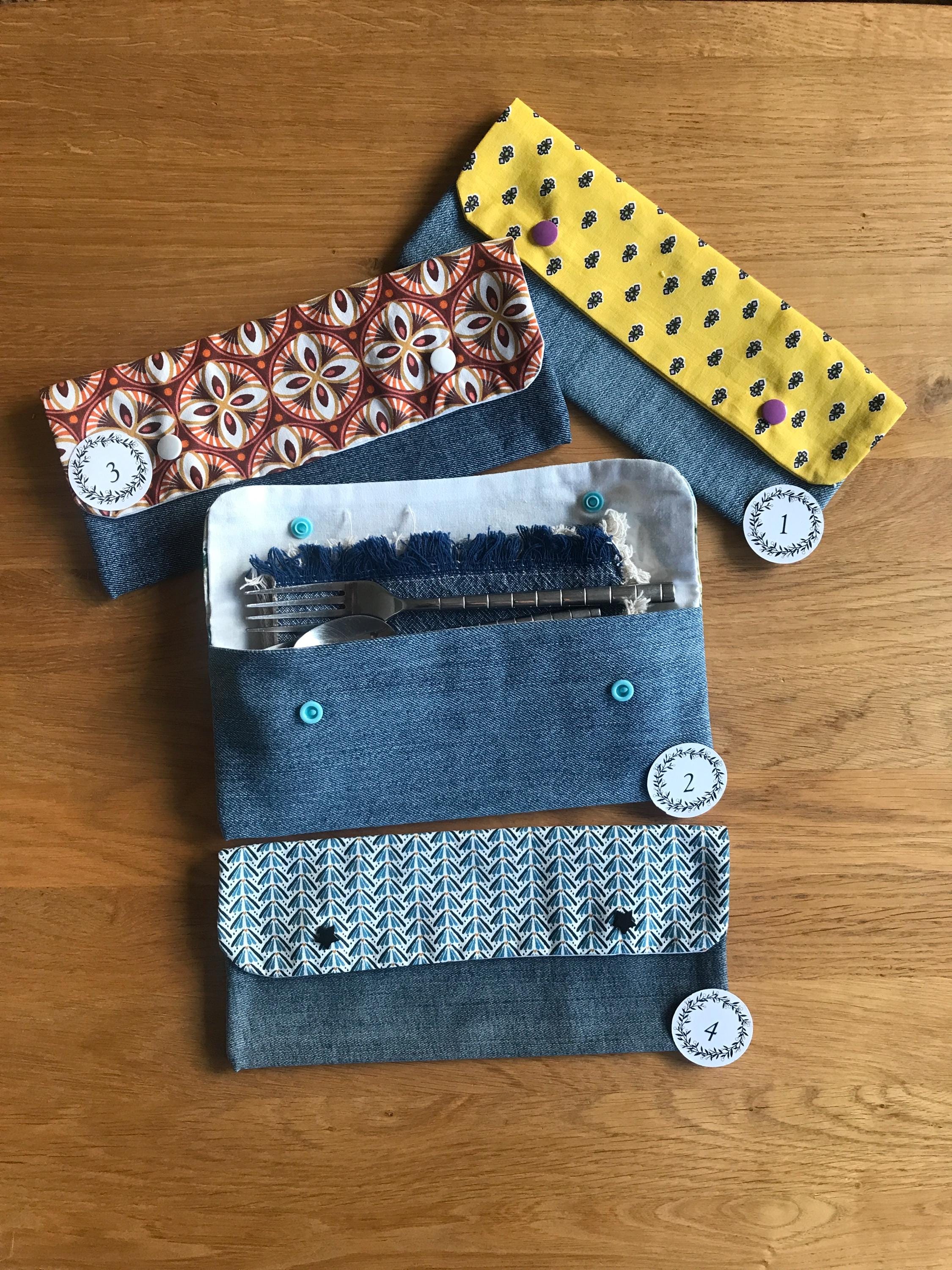 Pochette à Couverts En Coton Réutilisable - Taille Pliante Pour Voyage, Pique-nique, Camping - Motifs Variés Et Lavable